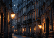 Altstadtgasse mit warmen Laternen